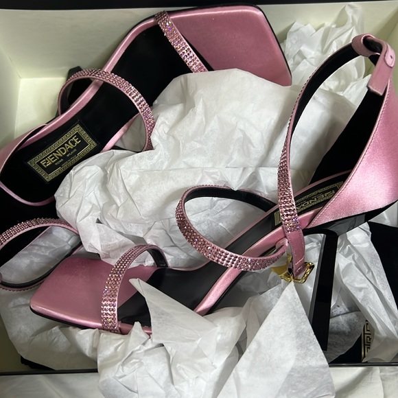 Fendi x Versace Pink Satin Crystal Embellished Ankle Strap Sandals - Picture 9 of 13